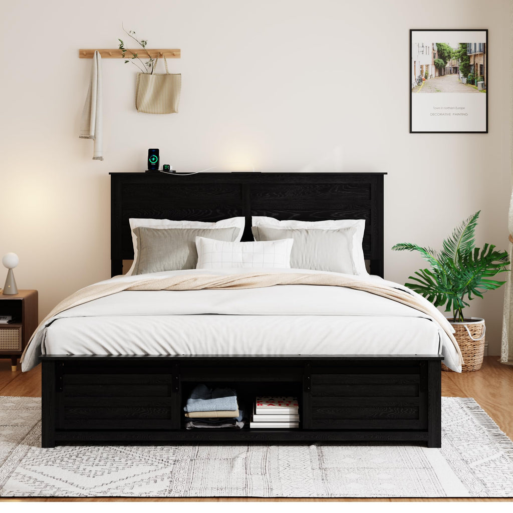 Wooden Bed Frame with Rustic Headboard Storage Bed Frame
