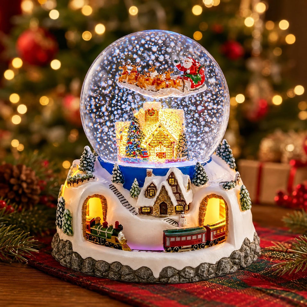 Musical Rotating Santa Claus Flying Over Village,Automatic Snowfall,Train, Christmas Snow Globe Music Box Gifts