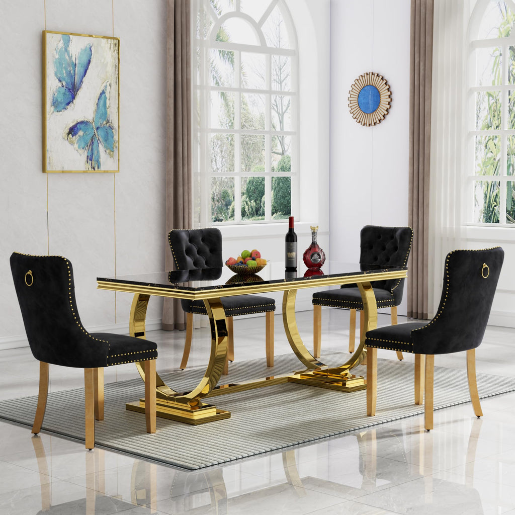 Inspired Saarinen Style 68" Black Marble Dining Table for 6 to 8 Person, Large Rectangular Faux Marble Tabletop & Gold O Shape Pedestal Base