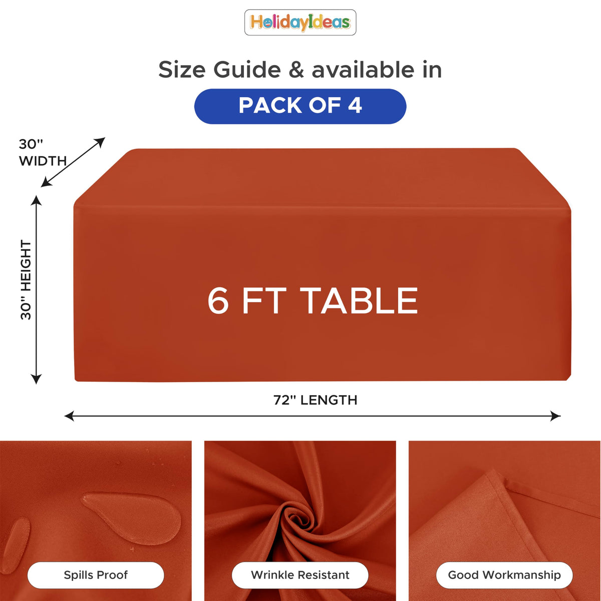 4-Pack 6ft Rust Fitted Tablecloth for Fall Festival