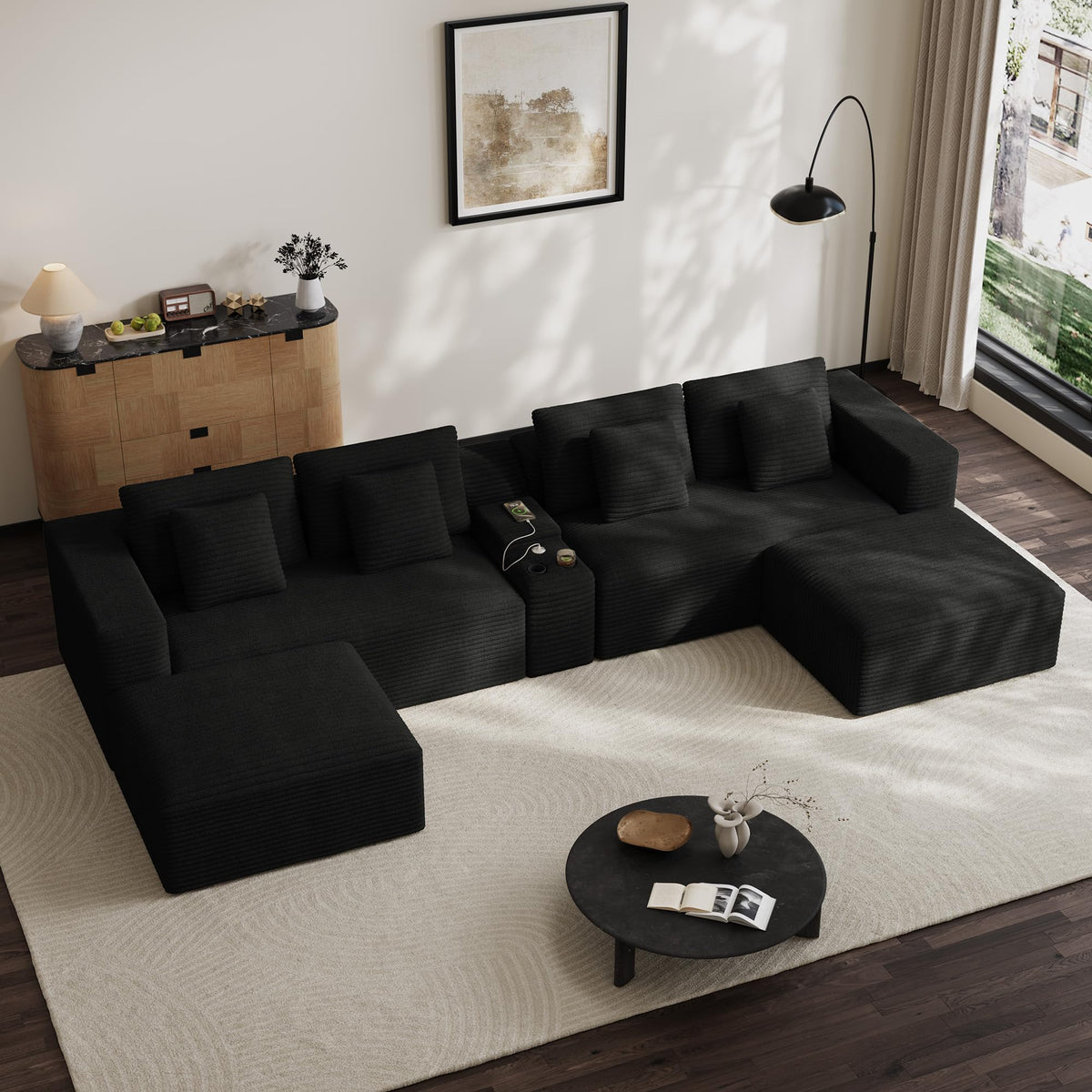 151" U Shaped Modular Sectional, Storage Console, 6 Seater, Light Black