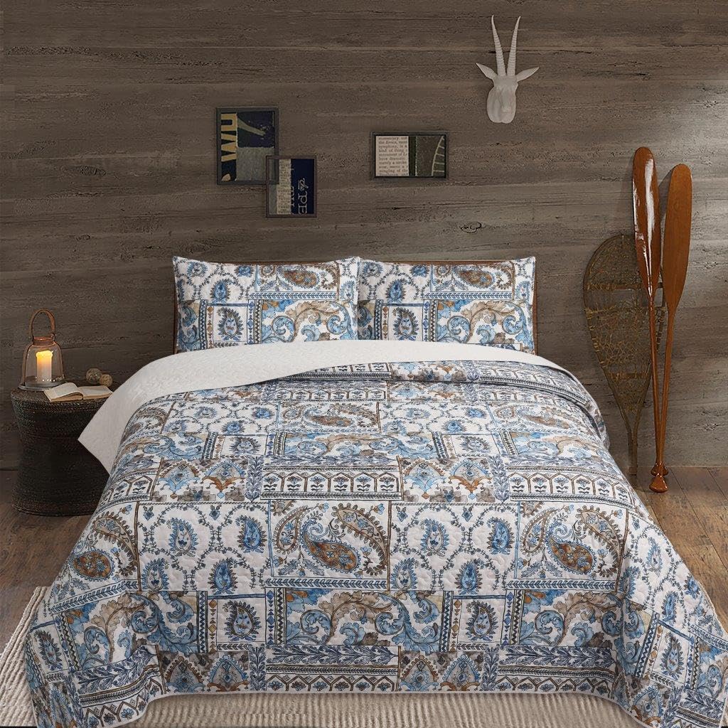 3 Piece Lodge Quilt Bedding Set - Rustic Country Reversible Comforter Set with Decorative Pillow Shams - Blue
