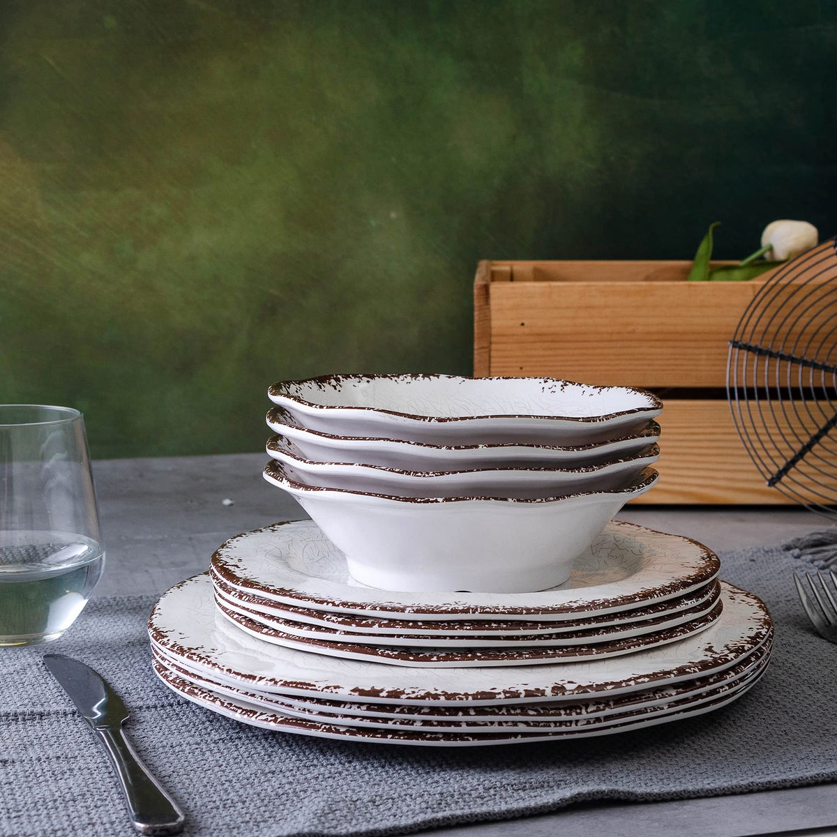 Vintage White Melamine Dinnerware set, 12 Piece Lightweight Dish Set