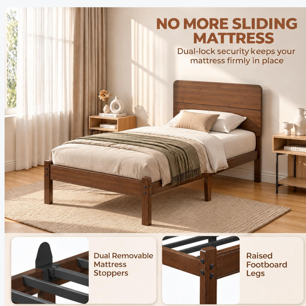 14" Solid Bamboo Wood Twin XL Platform Bed Frame with Headboard