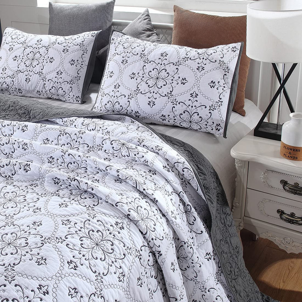 3 Piece Embroidered Floral Quilt Sets Oversize Queen 100% Cotton Quilted Bedspread Reversible Soft Lightweight