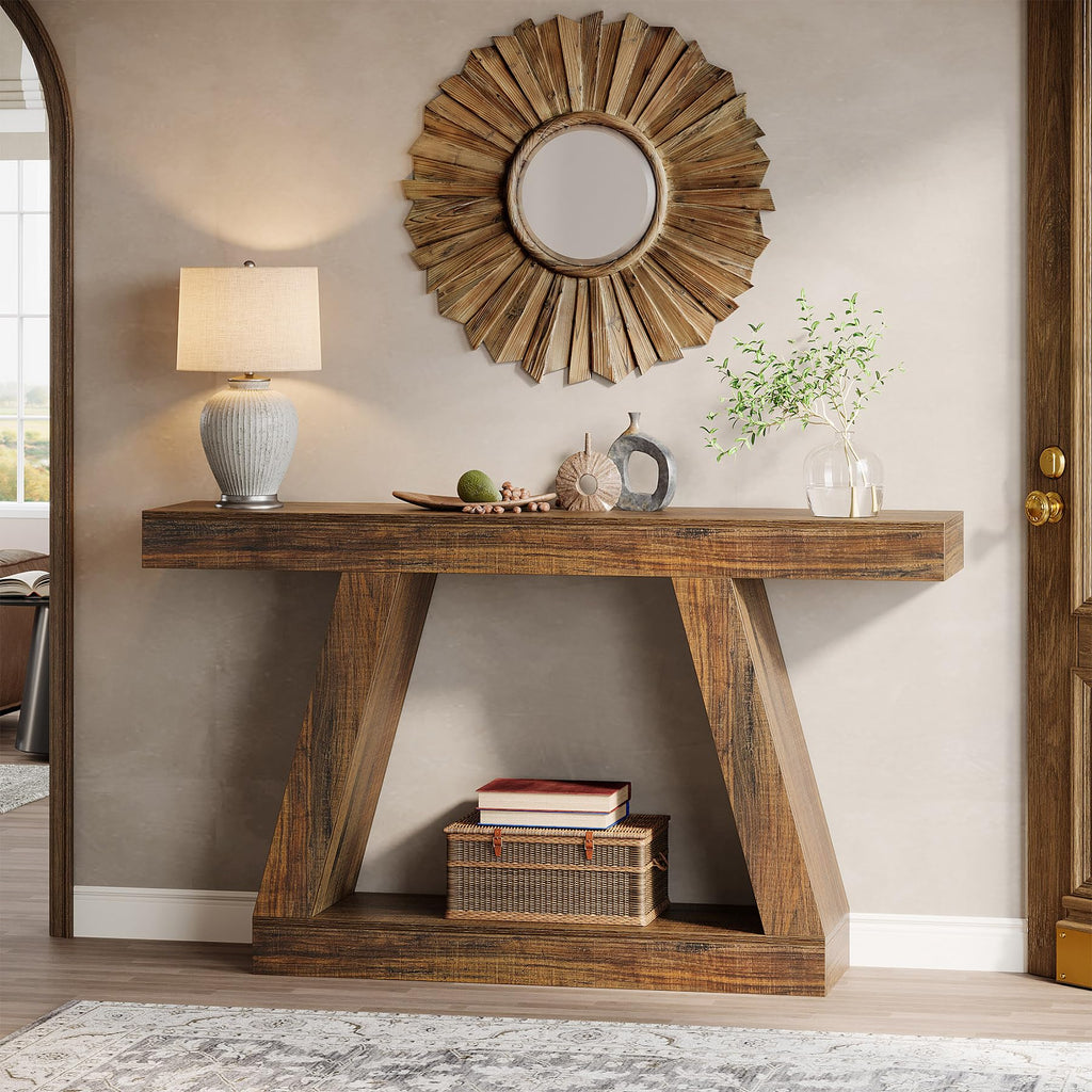 Farmhouse Console Table, 55-Inch Rustic Sofa Table with Storage, Industrial Wooden Entryway Table, Dark Brown