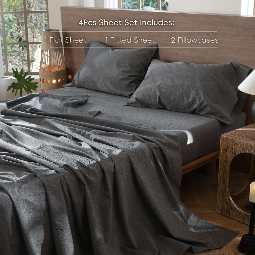 Sheet Set 100% Washed Cotton Linen-Like Extra Deep Pocket