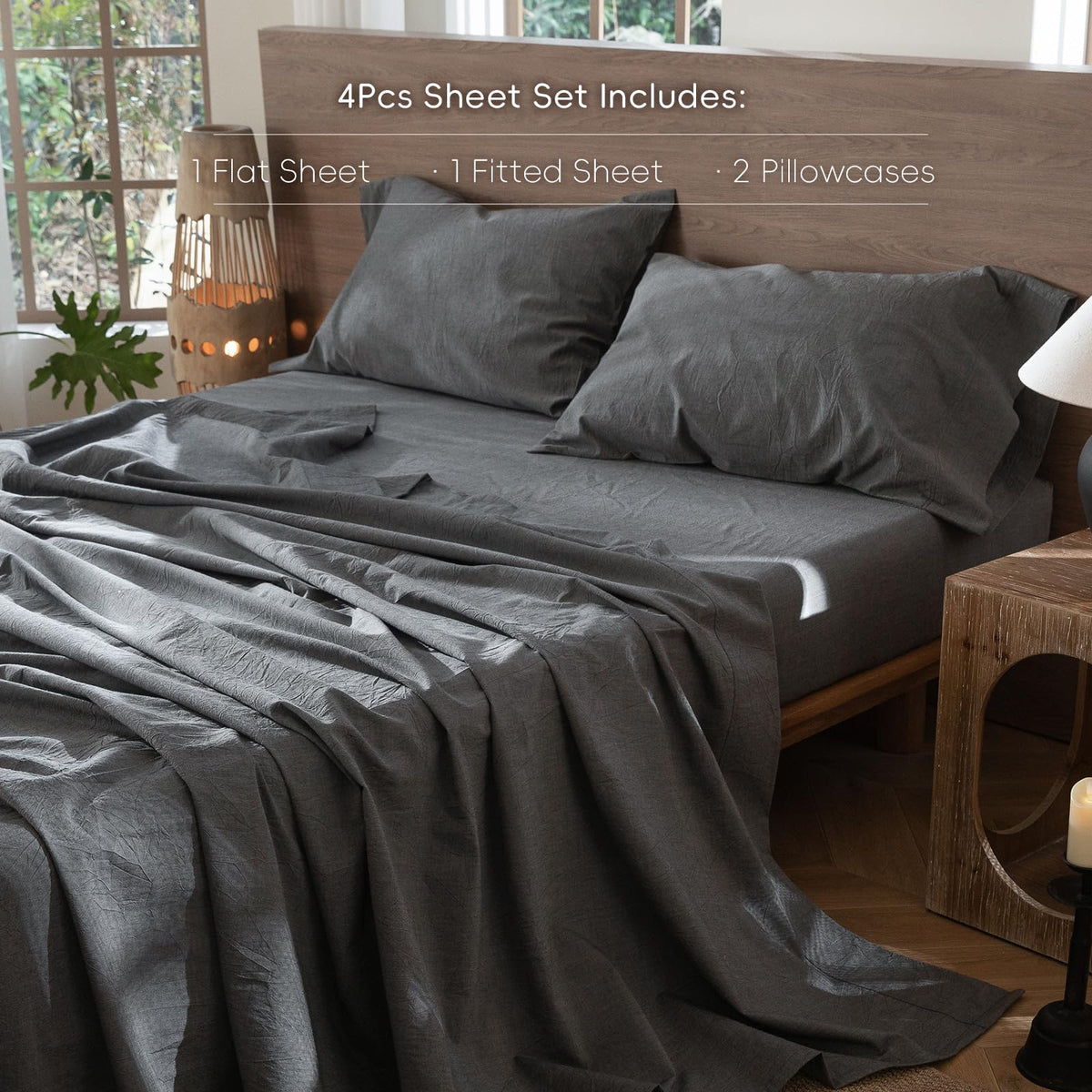 Sheet Set 100% Washed Cotton Linen-Like Extra Deep Pocket