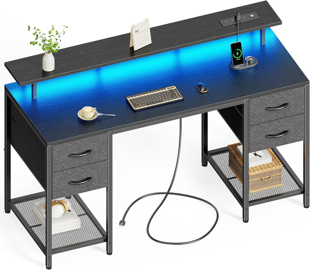 55 inch Computer Desk with Power Outlets & 4 Drawers | Gaming Desk with LED Lights, Home Office Desk with Large