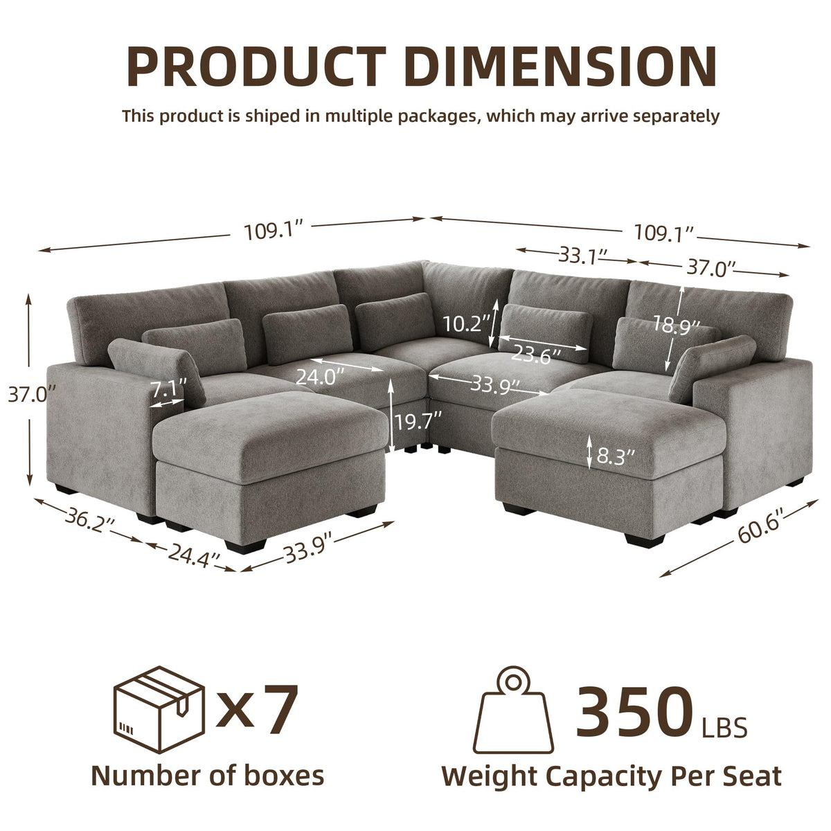 109.1'' Modular Sectional Sofa, L Shaped Oversized Extra Deep Couches, 5-Seat Chenille Couch with Wooden Legs