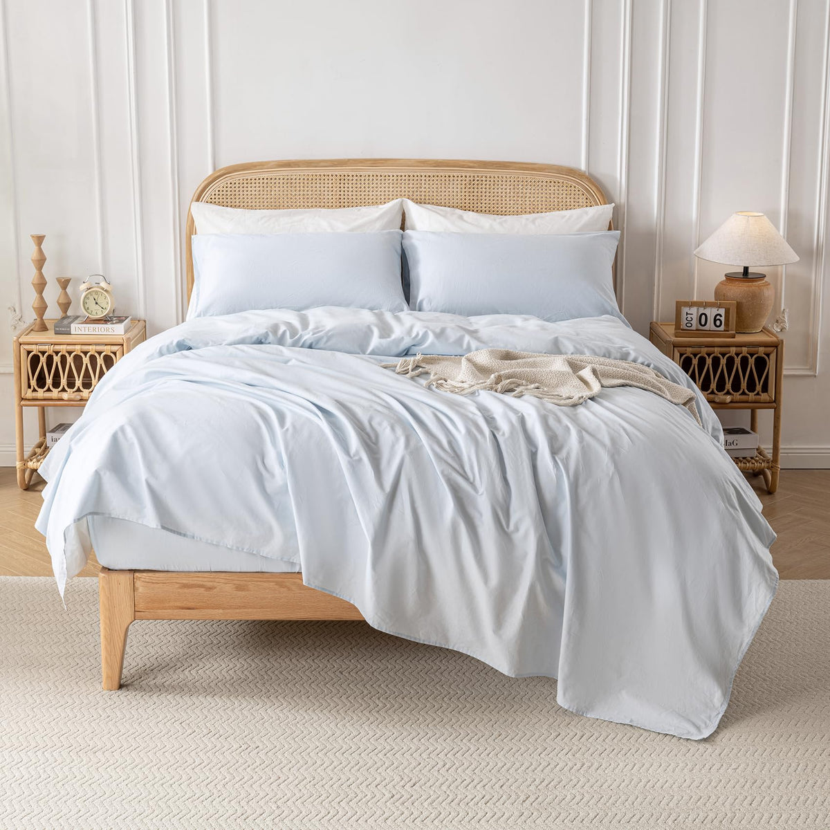 Light Blue 100% Washed Cotton Linen Feel Sheet Set
