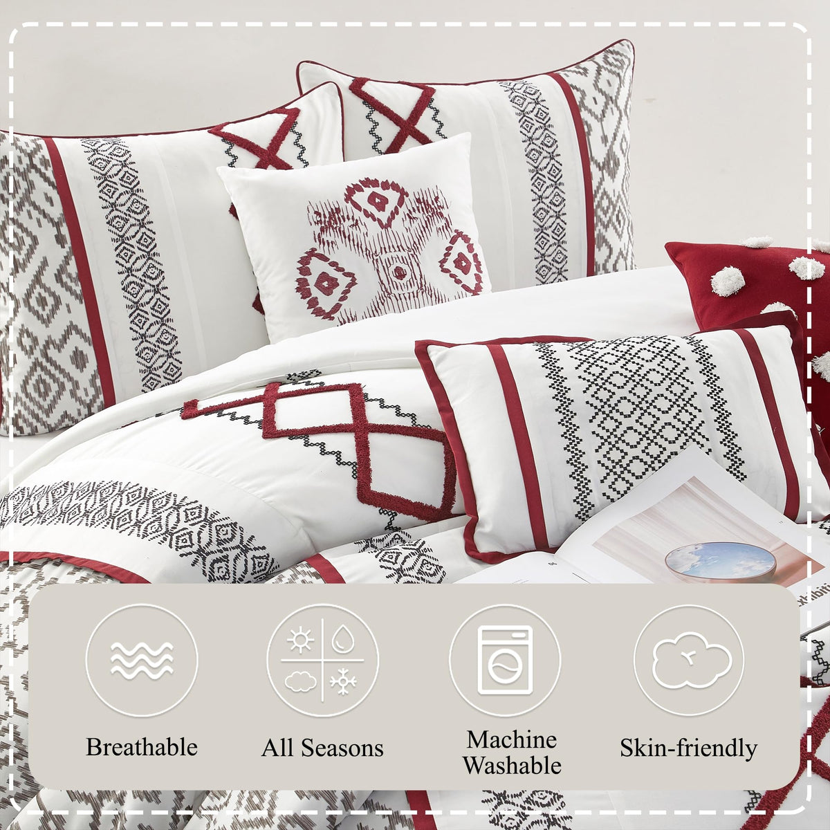 Luxury 7 Piece Cozy Comforter Set, White and Red, Embroidered Bedding Sets, Premium Microfiber, All Season