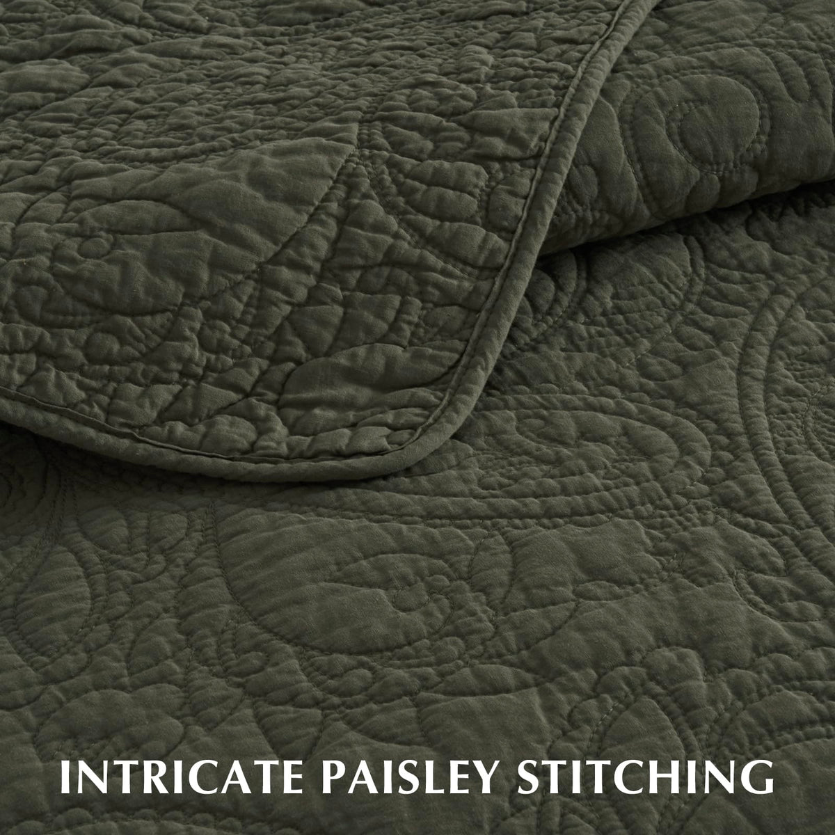 100% Cotton Paisley Quilt Set, Queen Size, Olive Green