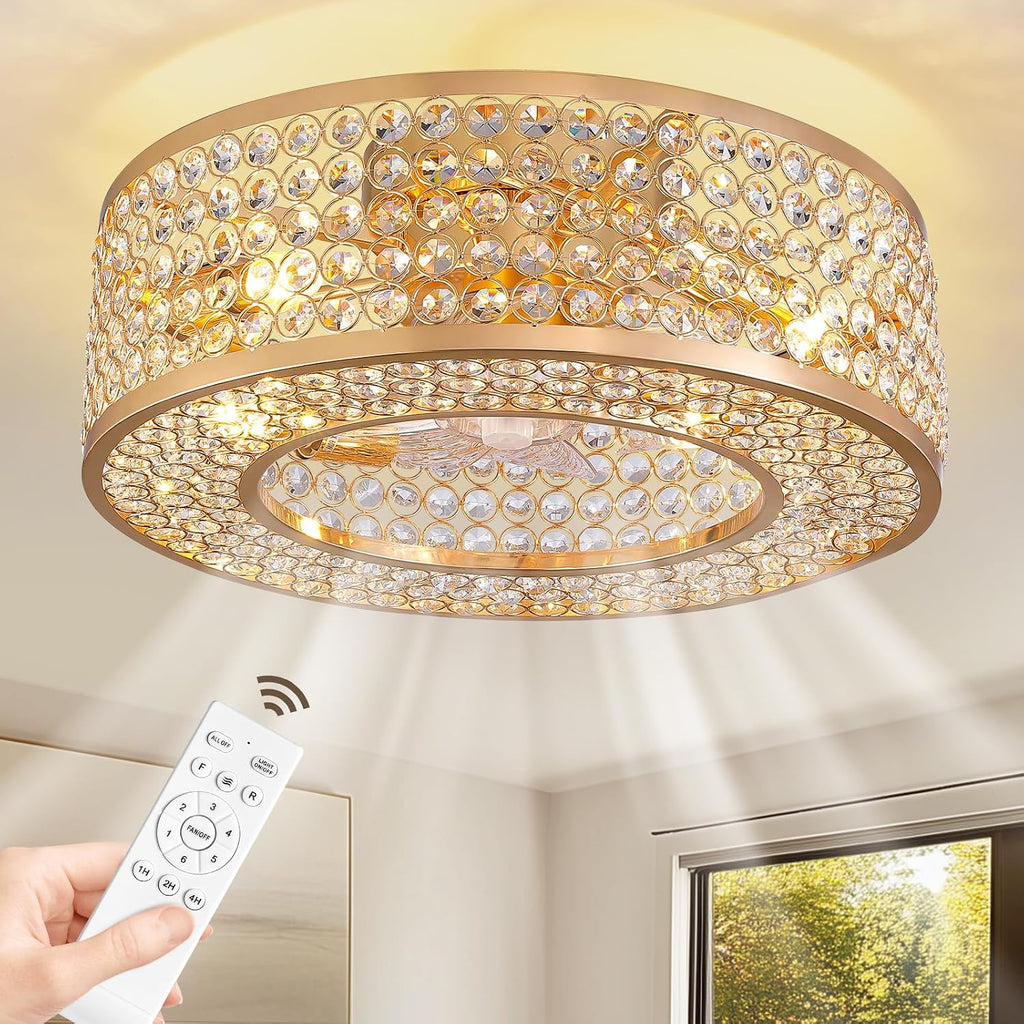 20" Gold Flush Mount Caged Crystal Ceiling Fan with Light