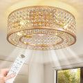 20" Gold Flush Mount Caged Crystal Ceiling Fan with Light