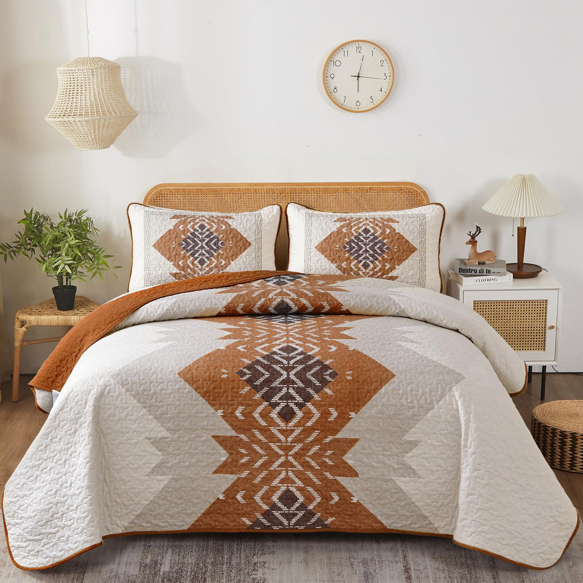 Boho Queen Quilt Set, Terracotta Aztec Reversible Bedspread