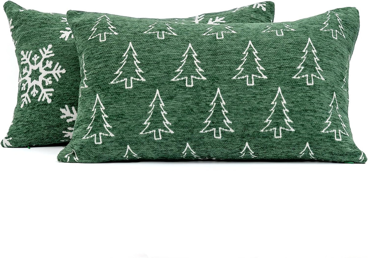 Soft Chenille Christmas Reversible Throw Pillow Covers 12x20, Holiday Double-Sided Snowflake & Tree Cushion - Set of 2