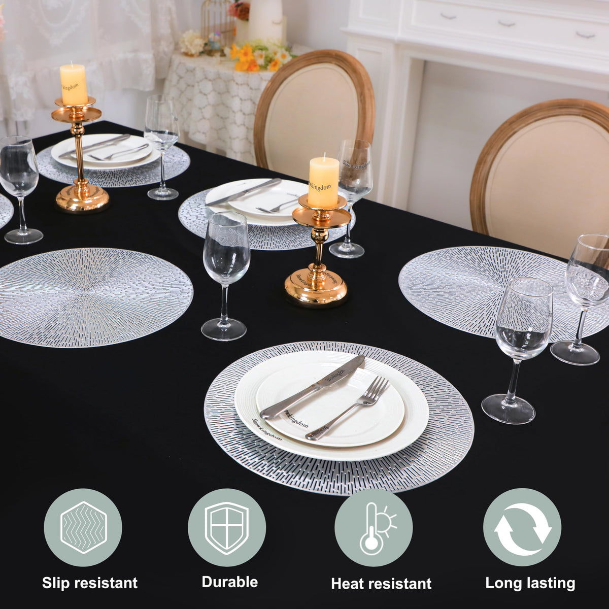 Silver Round Placemats Set of 6, 15 Inch Metallic Pressed Vinyl Place Mats, Easy Clean Non Slip Heat Resistant