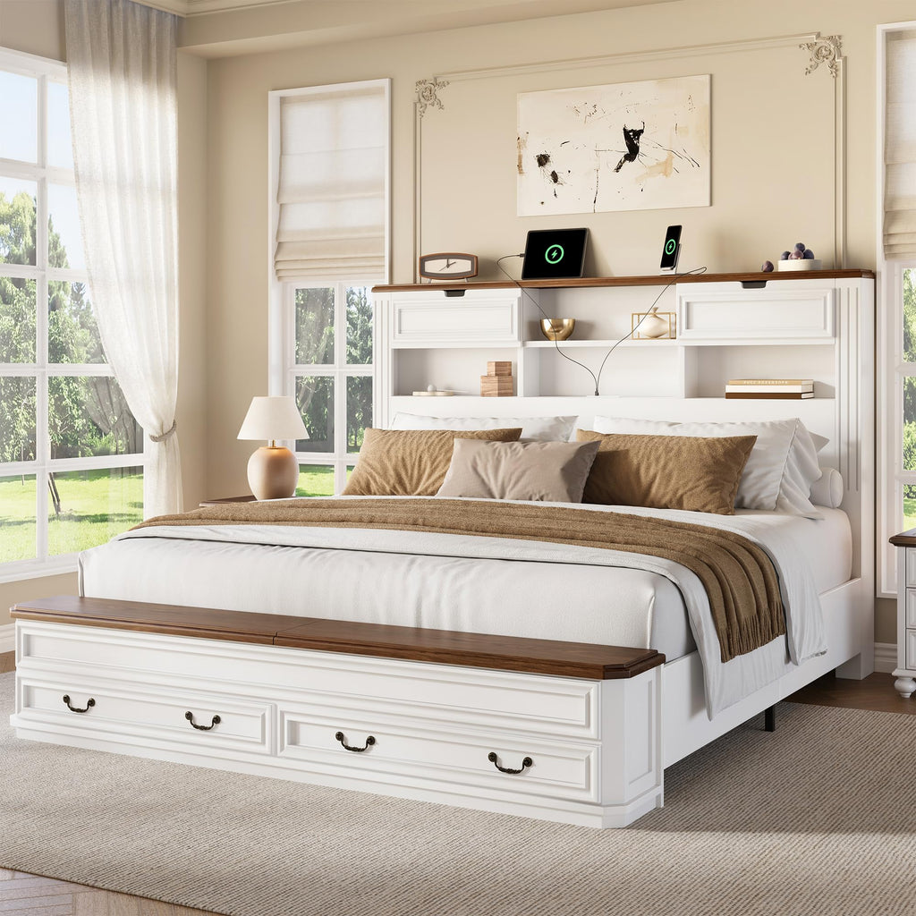 Farmhouse Bed with Headboard & Footboard Storage, White/Walnut