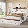 Farmhouse Bed with Headboard & Footboard Storage, White/Walnut