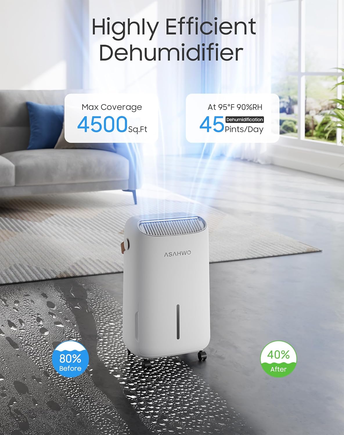 Dehumidifier for Basement,Home,Bathroom,Bedroom 45 pint/Day 4500 Sq ft Dehumidifiers with Drain Hose