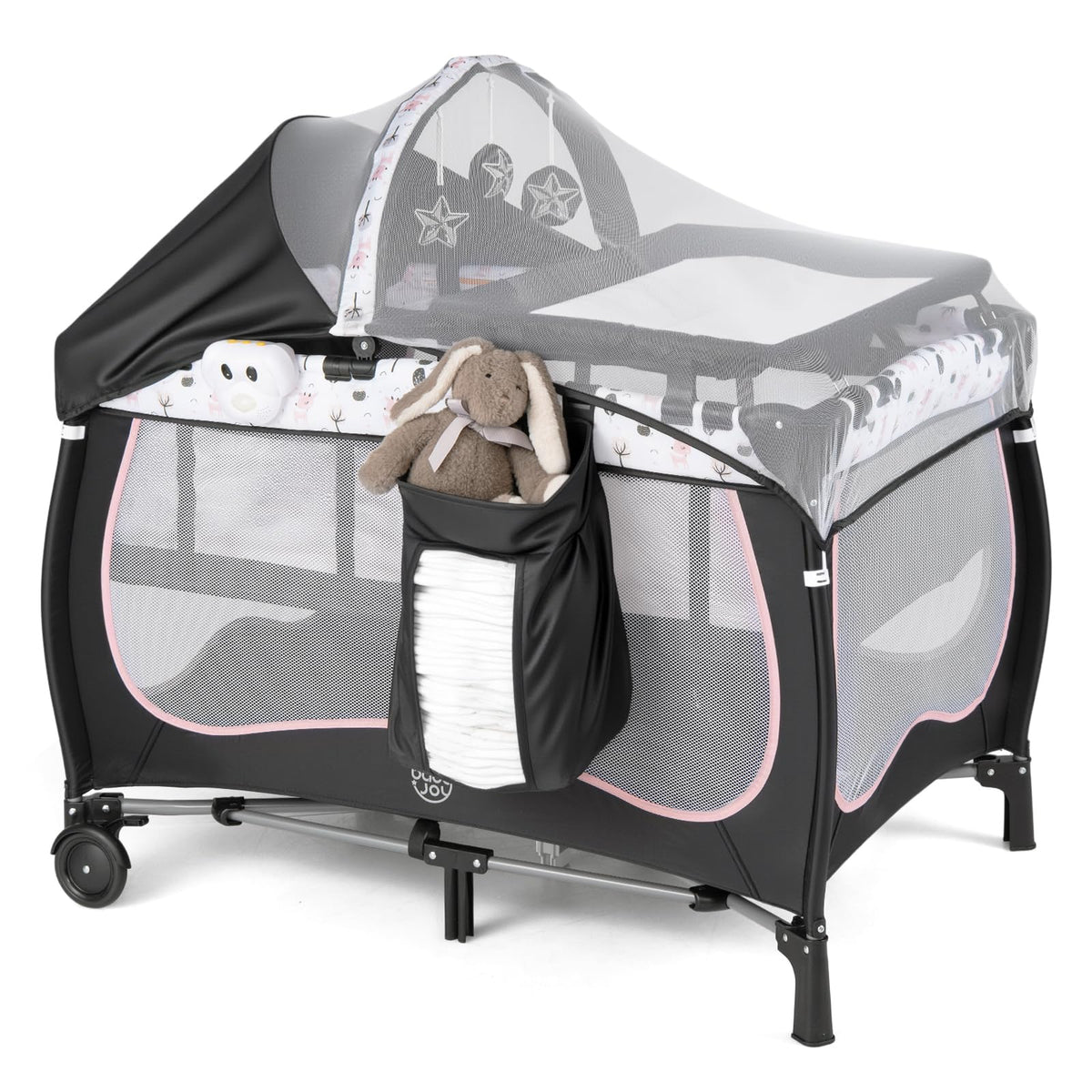 4 in 1 Play Yard, Portable Baby Playard with Bassinet, Adjustable Canopy, Changing Table, Lockable Wheels