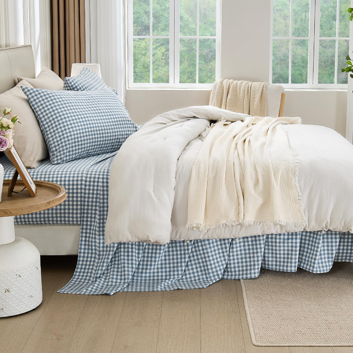 Blue Gingham Sheets Set 100% Washed Cotton Linen Like