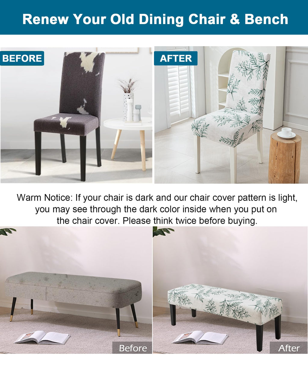 Dining Room Chair Slipcovers Set of 4 with Bench Chair Cover, C08