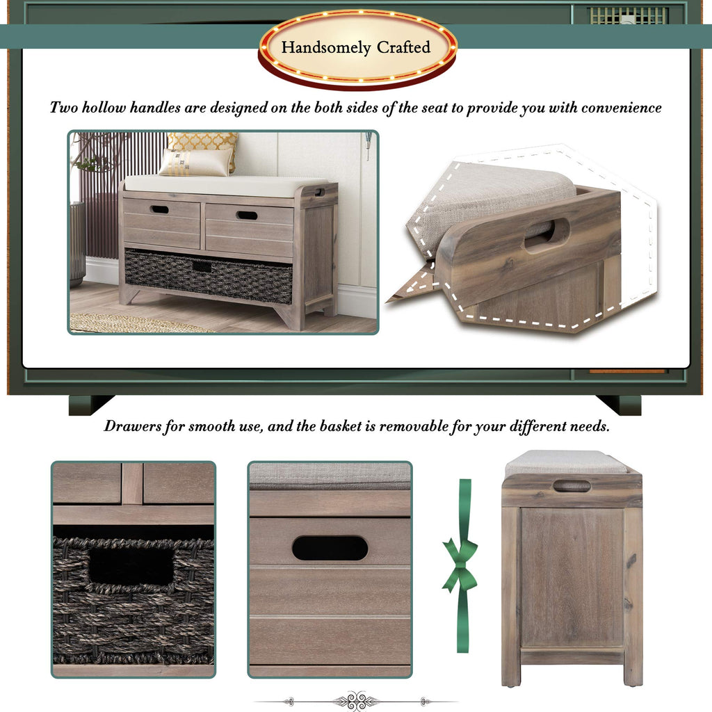 Farmhouse Storage Bench with 2 Drawers, Removable Cushion and Wicker Basket, Bedroom Living Room Bench for Small