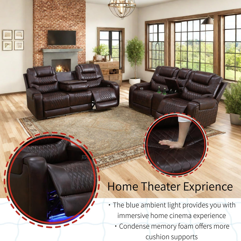 Living Room Furniture Set, Power Reclining Sofa Set, Air Leather Recliners with Built-in USB Ports and Storage