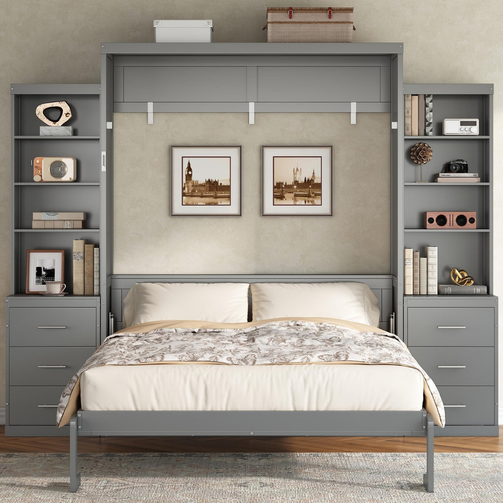 Queen Murphy Bed with Storage Shelves and Drawers, Solid Wood Foldable Hidden Vertical Murphy Wall Bed with Storage