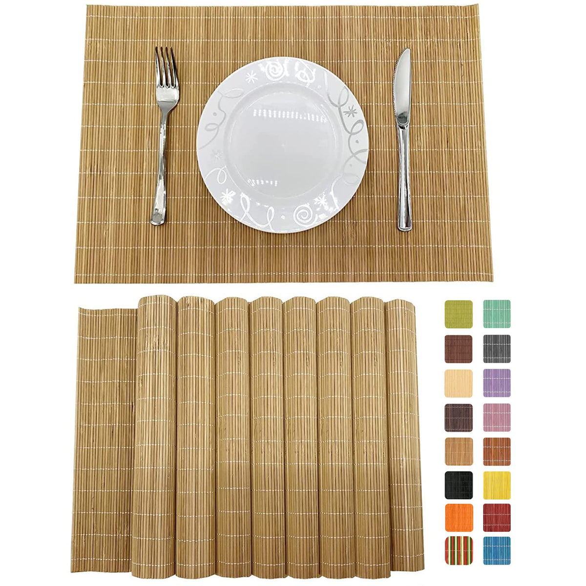 Set of 8 Pcs Bamboo Placemats Sushi Rolling Mat Japanese Style Natural Anti-Slip, Washable Heat-Resistant Table Mats