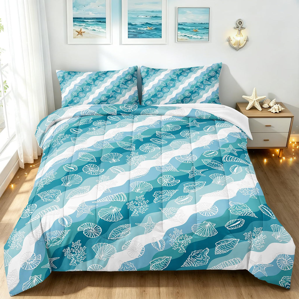 Teal Ocean Waves Comforter Set Seashells and Starfish Bedding Coastal Beach Theme 1 Comforter with 1