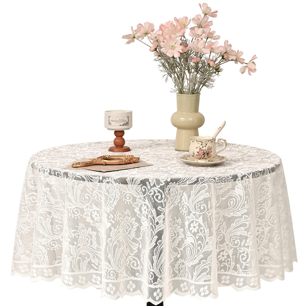 Round Lace Tablecloth Floral Design, French Vintage Scalloped Edge Embroidery Table Cloth for Wedding, Dinner