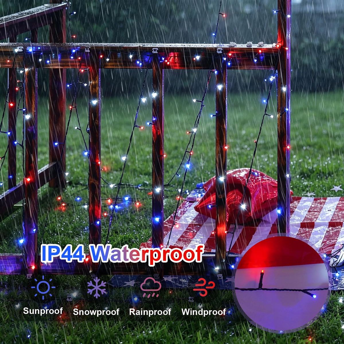 500 LED Red White and Blue String Lights, 165ft 4th of July Decorations Lights Plug in Outdoor Indoor, 8 Modes