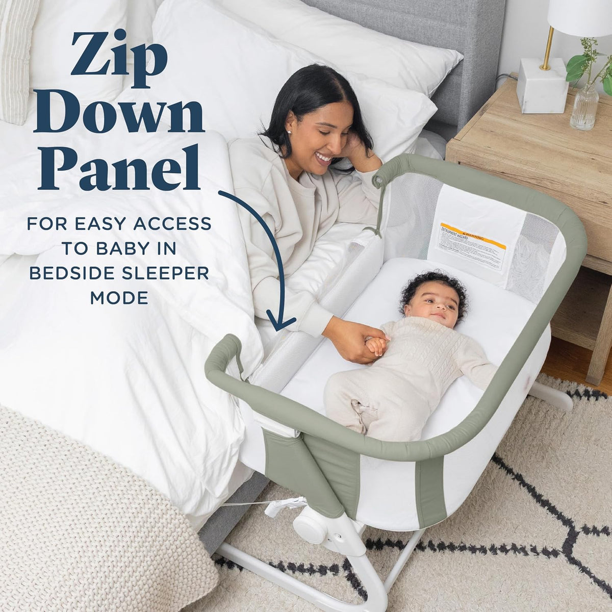 Beside MeTM Dreamer Bassinet, Organic Sage | 6-Position Height Adjustment, Mesh Wall for Air Flow & Visibility, Zip