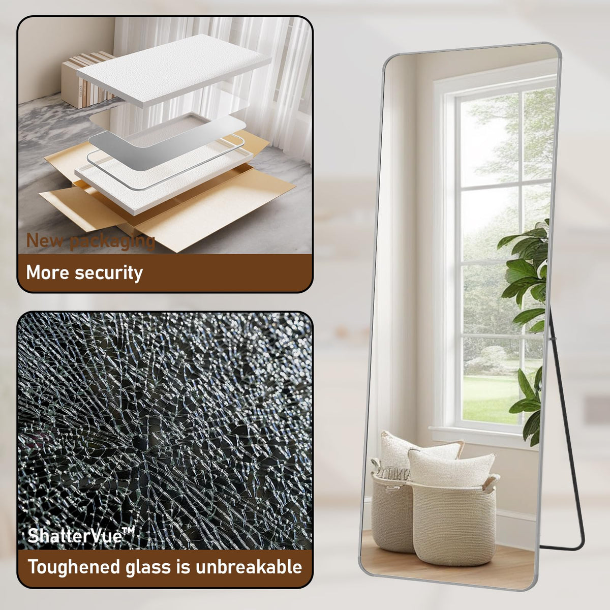 71" x 26" Rounded Corner Full Length Mirror with Stand, Silver