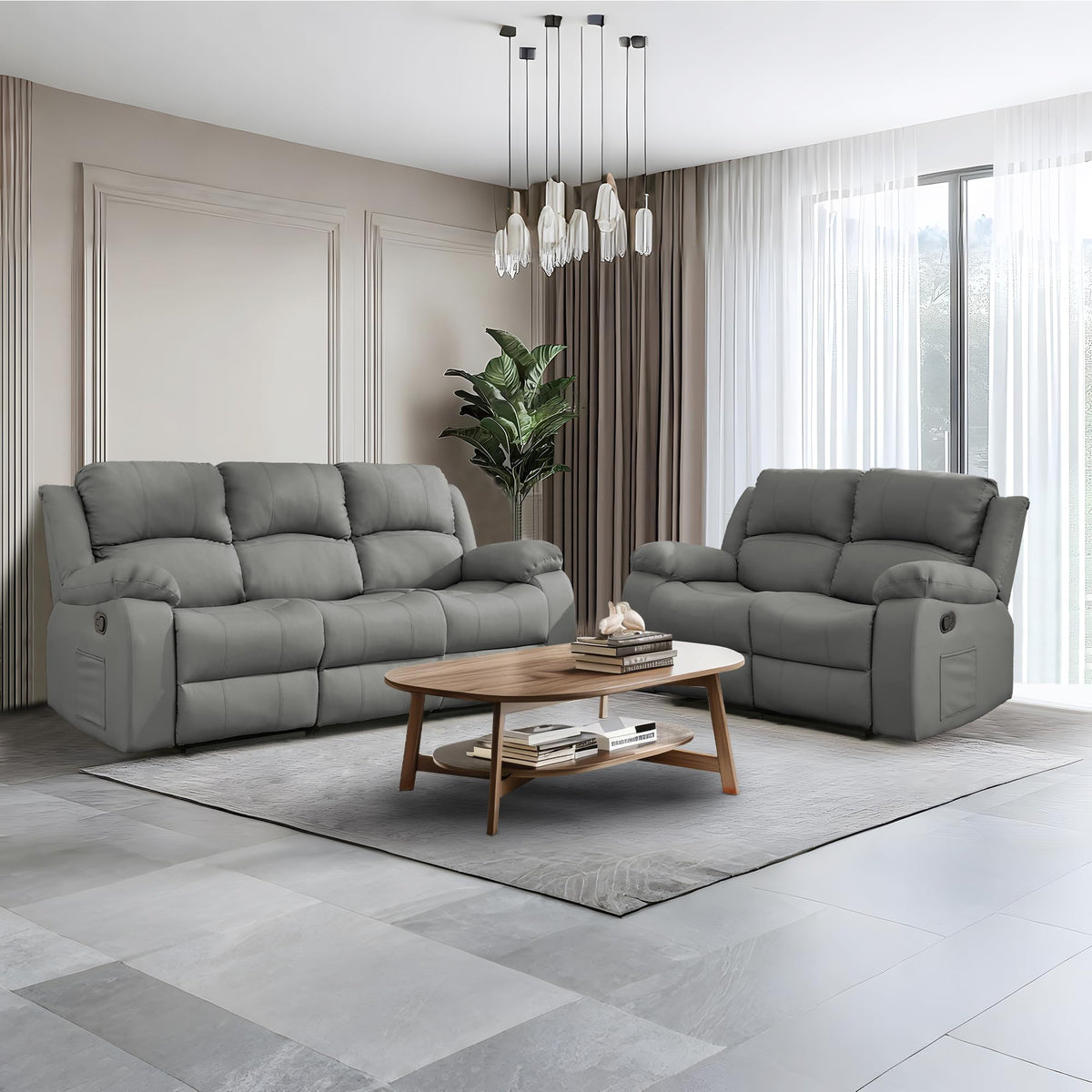 Reclining Couch Sofa Set Anti-Scratch Leather Recliner Sofa Beige