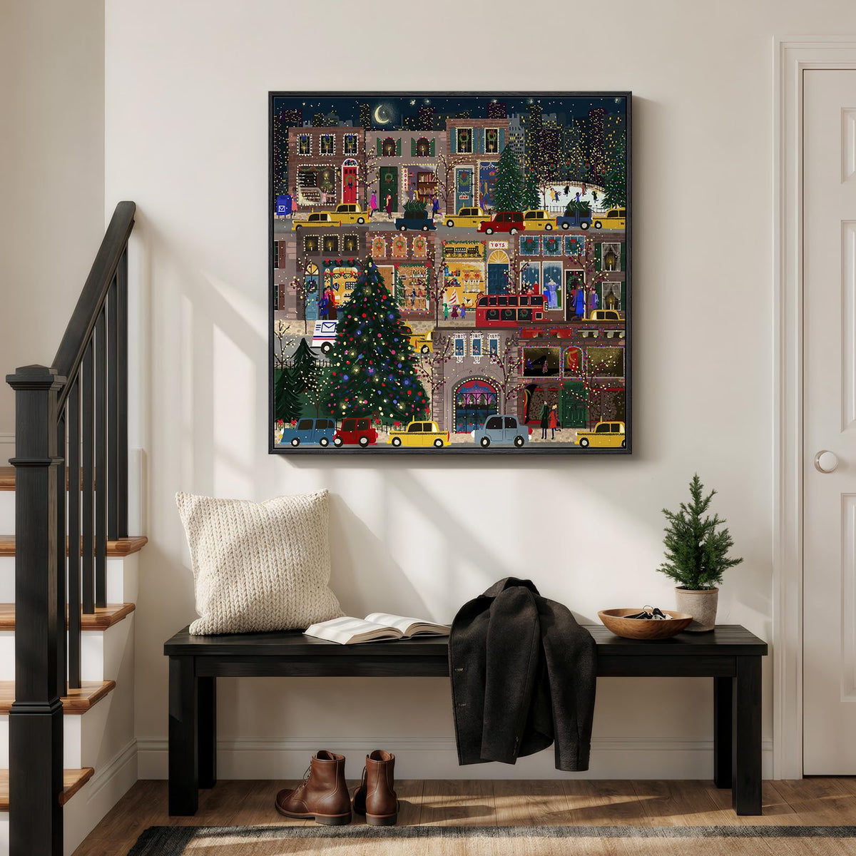 Framed Modern Urban Landscape Wall Art, Square Multi Color Canvas Prints Paintings, Contemporary Cityscape and Trees