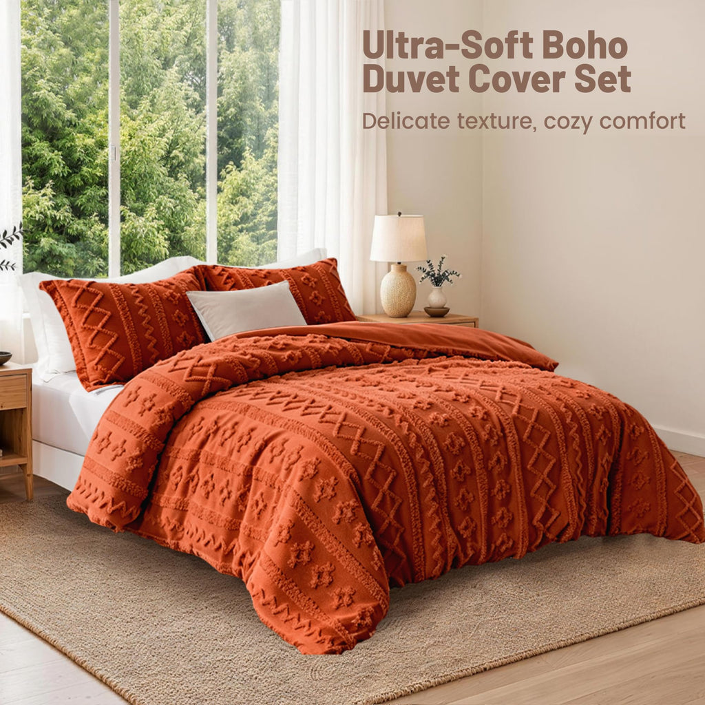 Boho Duvet Cover Queen, Terracotta Tufted Embroidery 3-Piece