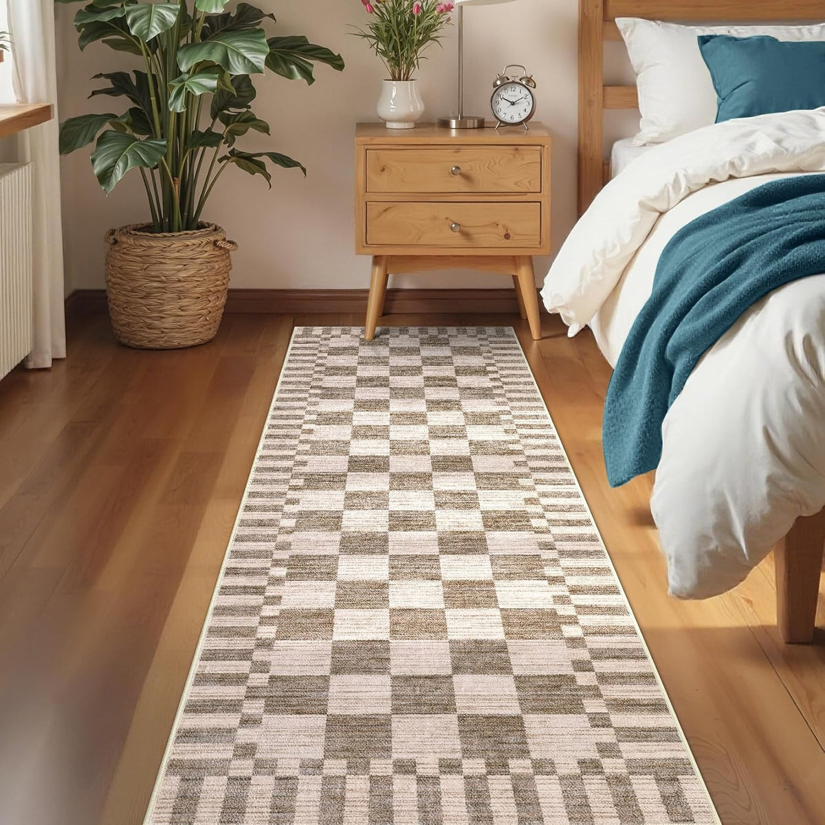2x6 Kitchen Runner Rug Non Slip Washable Runner Rug | Brown Checkered Rug Soft Low-Pile Geometric Tan Print Modern