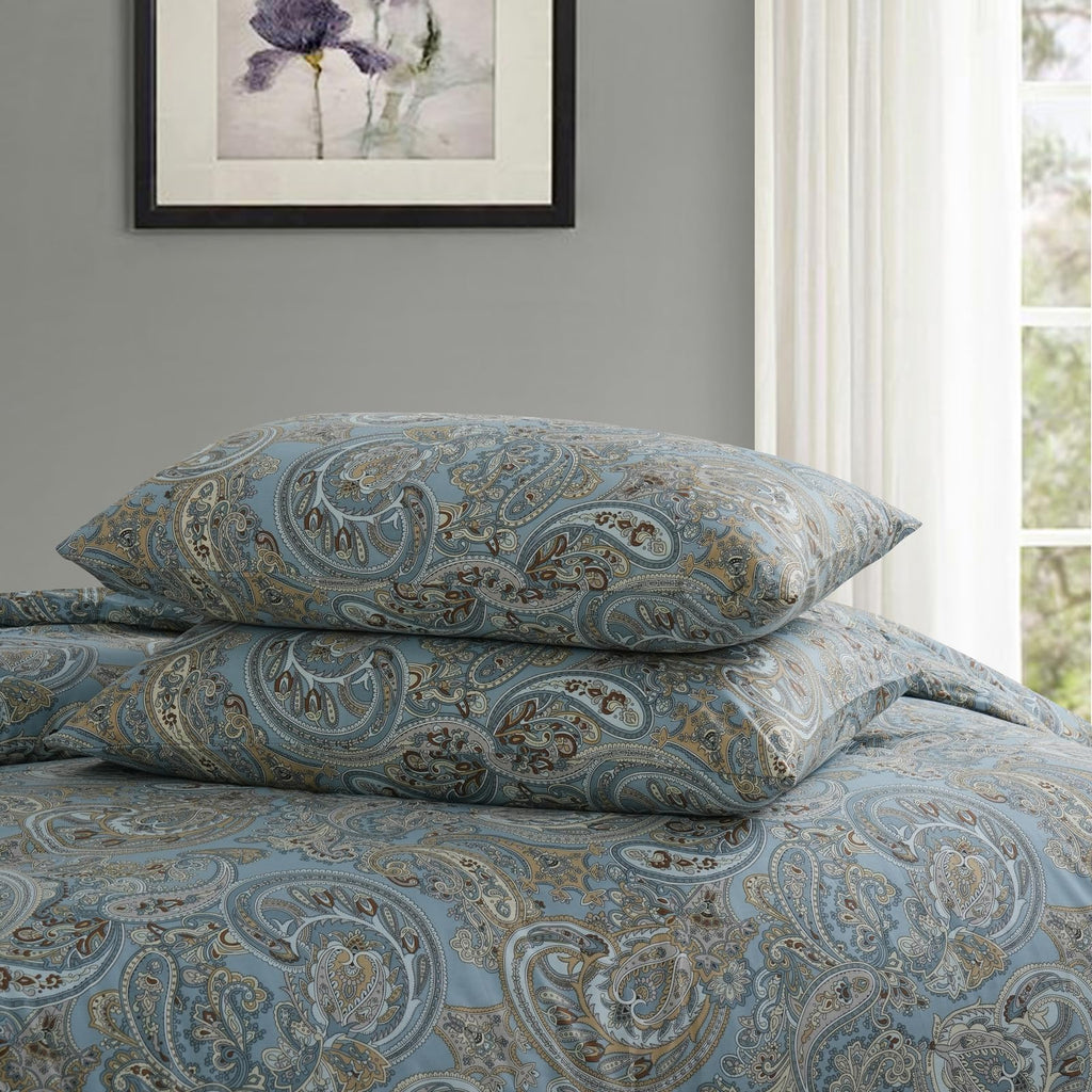 100% Cotton Duvet Cover King Size Blue Boho Paisley Pattern Duvet Cover Sets with Zipper Closure 3 Pcs Soft &