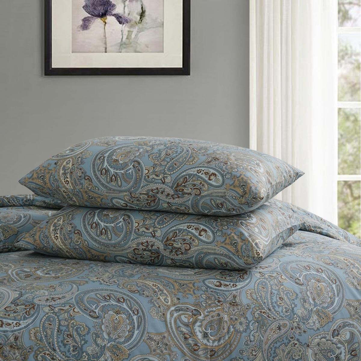 100% Cotton Duvet Cover King Size Blue Boho Paisley Pattern Duvet Cover Sets with Zipper Closure 3 Pcs Soft &
