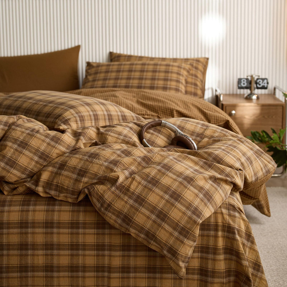 Vintage Style Mustard Yellow Plaid Duvet Cover Set, 100% Washed Cotton Retro Yellow&Brown Grid Checkered Bedding