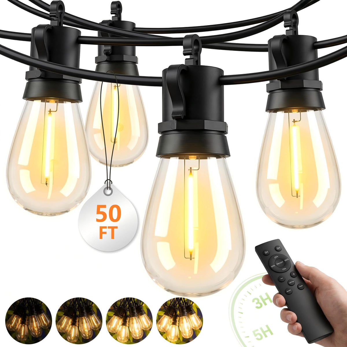 Outdoor String Lights Patio Light - 50Ft Outside Waterproof Dimmable Bulbs