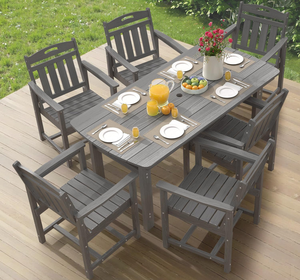 7-Piece HDPE Outdoor Patio Furniture Set - Dining | Grey All-Weather Resistant for Backyard, Garden & Porch