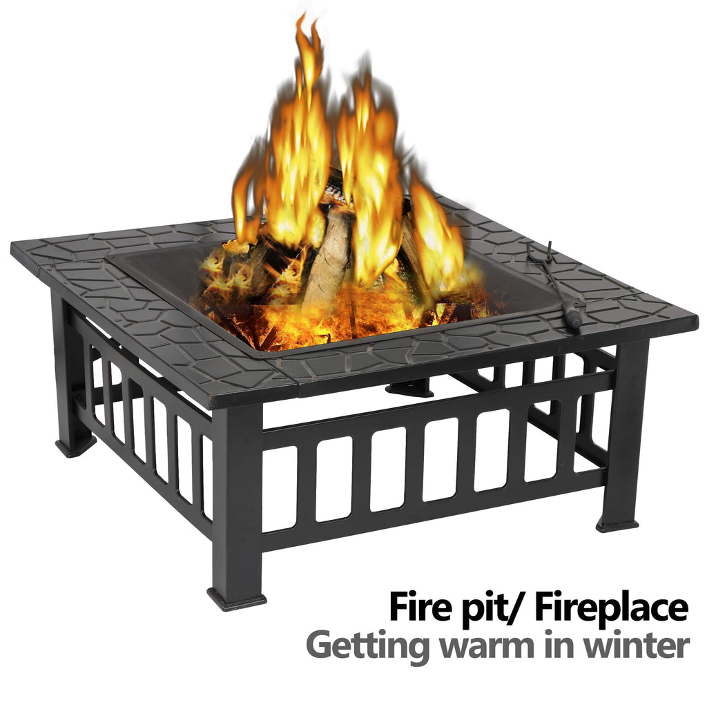 32" Heavy Duty Square Fire Pit Outdoor Metal Firepit Wood Burning Fireplace w/Waterproof Dust Cover Patio Backyard