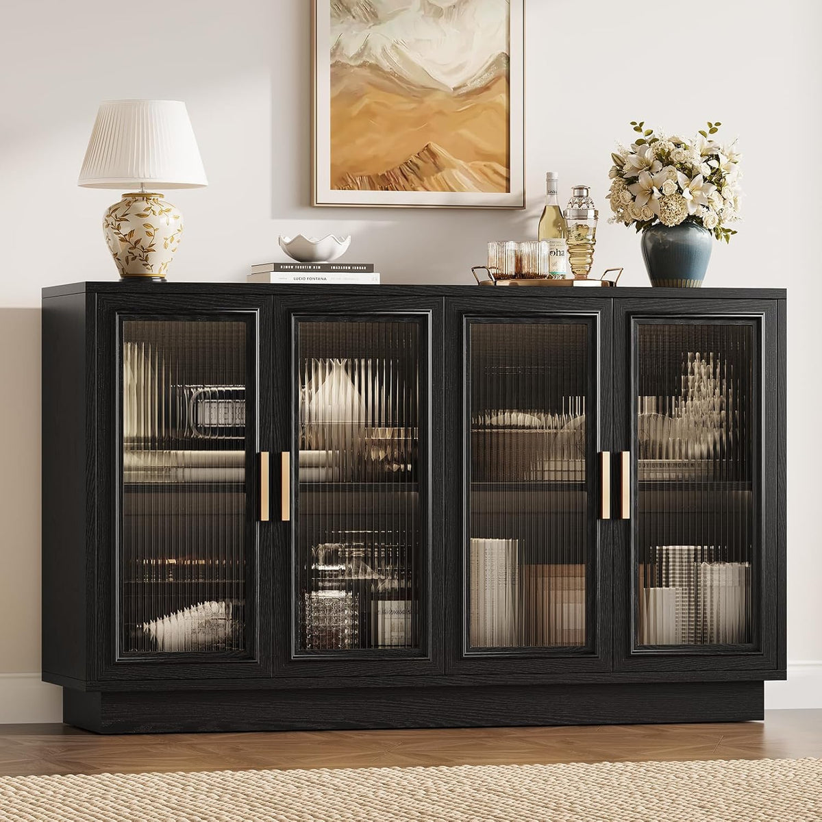 Sideboard Buffet Cabinet with Storage - 55.1" Wood Kitchen Cabinets with 4 Doors, Black Large Buffet Table