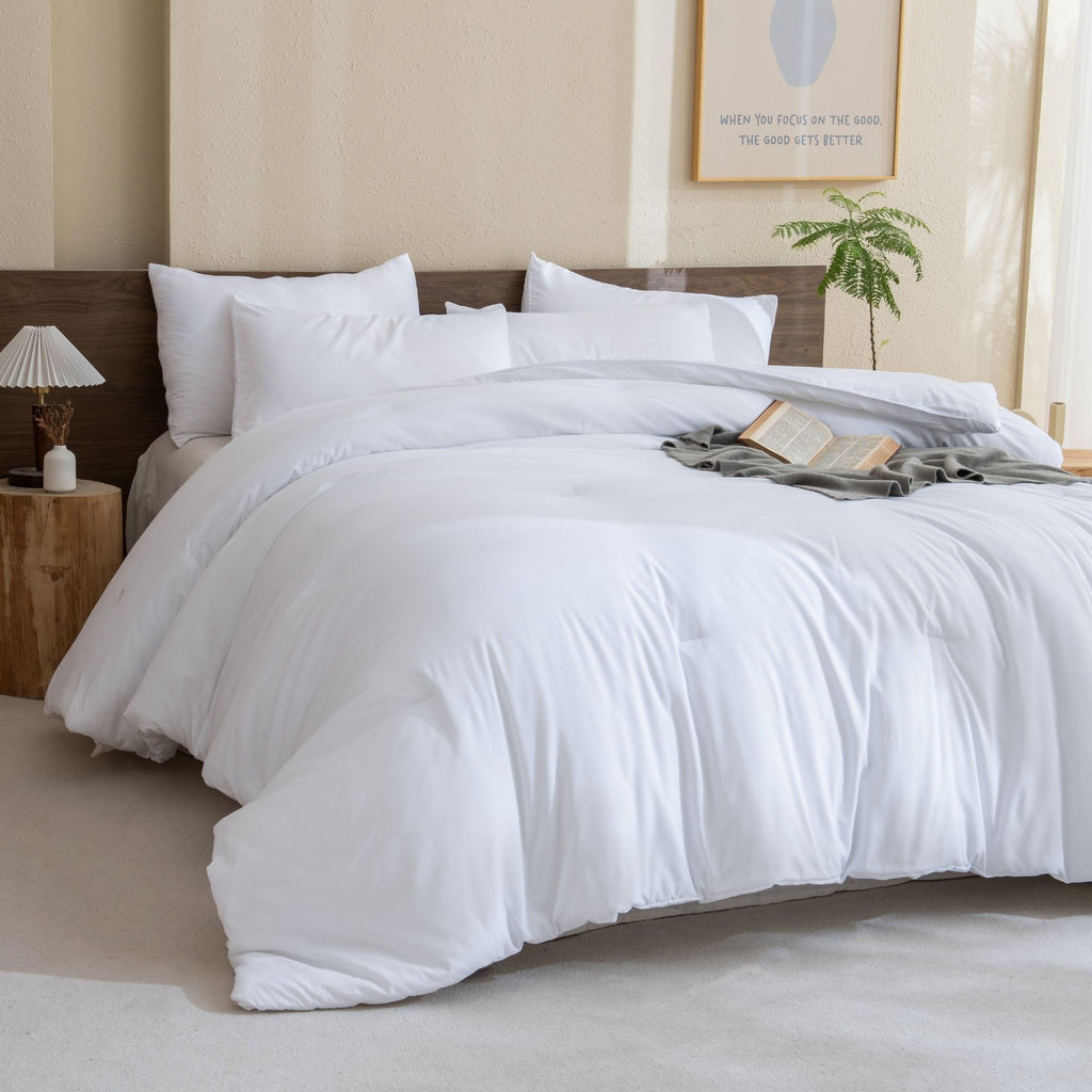 Classic Pure White Comforter King Size, 3 Pieces Boho Comforter Set, Lightweight Solid Bedding Set, All Seasons Soft