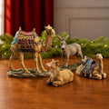 Kings Gifts Nativity Animals Set, 4-Piece Polystone Standing and Sitting Camels, Donkey, and Ox Figures, Flat Bottom